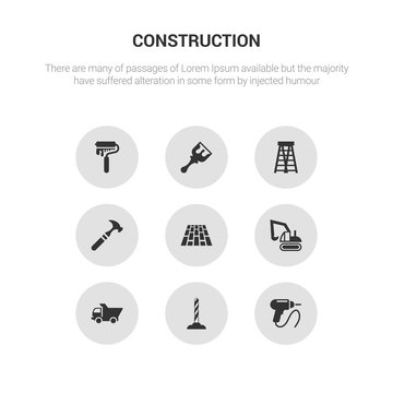 9 round vector icons such as drill, driller, dump truck, excavator, floor contains hammer, ladder, paint brush, paint roller. drill, driller, icon3_, gray construction icons