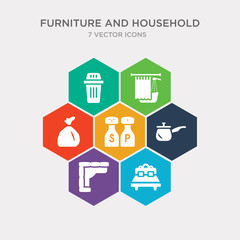 simple set of headboard, corner sofa, small saucepan, salt and pepper shakers icons, contains such as icons garbage bags, shower curtain, waste basket and more. 64x64 pixel perfect. infographics