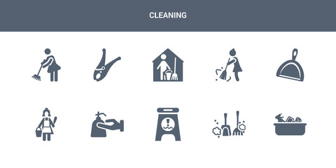 10 cleaning vector icons such as cleaning tools, dust, wet floor, hand soap, charwoman contains dust pan, sweep, housekeeping, clothes peg, sweeping. cleaning icons