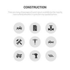 9 round vector icons such as tiles, blowtorch, dumper, scraper, jackhammer contains spanner, gas pipe, construction plan, loader. tiles, blowtorch, icon3_, gray construction icons