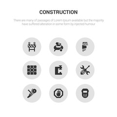 9 round vector icons such as welding, stopping, angle grinder, screwdrivers, vise contains paver, hex key, air compressor, barrier. welding, stopping, icon3_, gray construction icons