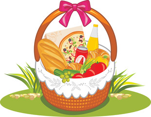 Wicker picnic basket with groceries