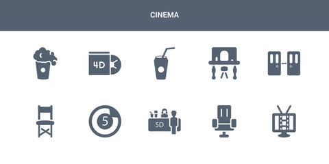 10 cinema vector icons such as cinema screen, cinema seats, snack bar, countdown, director chair contains doorway, dressing room, drink, dvd, film. icons