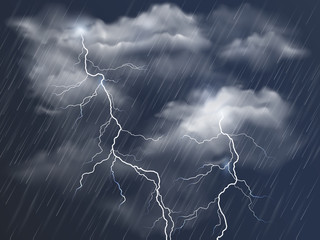 Vector realistic dark stormy sky with clouds, heavy rain and lightning strikes - obrazy, fototapety, plakaty