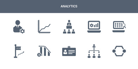 10 analytics vector icons such as hexagonal interconnections, hierarchy, id card, increasing stocks, ipo contains laptop profits graphics, laptop with analysis, leadership, line chart, management.