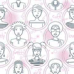 It-girls seamless pattern, pink and gray. Seamless pattern made with a set of avatars of young women on a background of strokes and words. The drawing is colored with pink and gray tones.