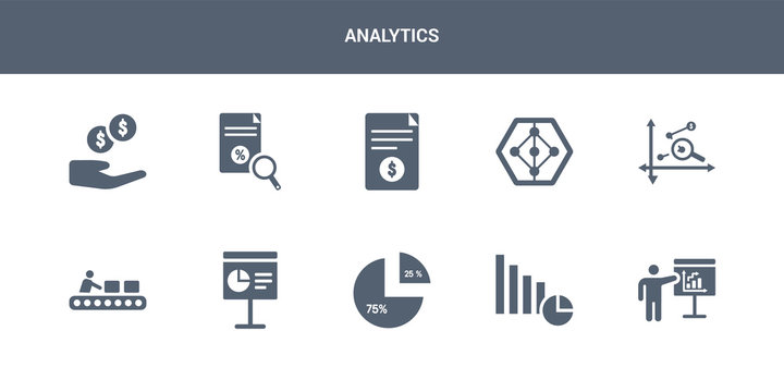 10 analytics vector icons such as person explaining strategy, pie chart, polygonal chart, presentation, production contains profit analysis, radar chart, report, research, revenue. analytics icons