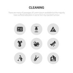 9 round vector icons such as housekeeping, clothes peg, sweeping, squeeze, washing clothes contains cleaner uniform, slippery, soak, clean room. housekeeping, clothes peg, icon3_, gray cleaning