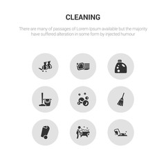 9 round vector icons such as carpet cleaning, bathtub cleaning, bin, broom, bubbles contains cleaning, detergent, dishes, garbage. carpet bathtub icon3_, gray icons
