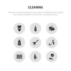 9 round vector icons such as hand dryer, ironing, laundry, mop, plunger contains shampoo, soap, spray, toilet. hand dryer, ironing, icon3_, gray cleaning icons