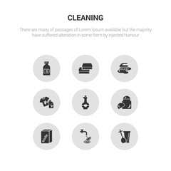 9 round vector icons such as toilet brush, washing dishes, baking soda, deodorizer, vinegar contains stain remover, scrub brush, scouring pads, solvent. toilet brush, washing dishes, icon3_, gray