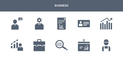 10 business vector icons such as worker, bars graphic on screen, binary data search, briefcase, business contains business analytics graphics, card, plan, skills, businessman analysis. icons