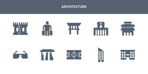 10 architecture vector icons such as shopping center, skyscraper, stadium, stonehenge, sunglasses contains temple of heaven, temple of the frescoes, torii gate, tourist, tower. architecture icons