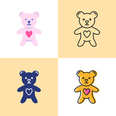 Toy bear with heart icon set in flat and line styles