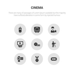 9 round vector icons such as buy tickets online, vip person, camera lens, cameraman, cinema contains cinema audience, cinema celebrity, curtain, exit. buy tickets online, vip person, icon3_, gray