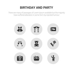 9 round vector icons such as selfie, snack, suit, sweet, teddy bear contains toast, wedding album, wedding altar, wedding bells. selfie, snack, icon3_, gray birthday and party icons