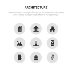 9 round vector icons such as leaning tower of pisa, milan, moai, moais, monument contains mountain, pagoda, parthenon, passport. leaning tower of pisa, milan, icon3_, gray architecture icons