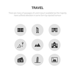 9 round vector icons such as photo, pisa, plane ticket, police station, pyramids contains route, shopping center, skyscraper, stadium. photo, pisa, icon3_, gray travel icons