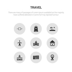 9 round vector icons such as travel, travel guide, vatican, warehouse, white house contains windmill, vacation, backpacking, outbound. travel, guide, icon3_, gray icons