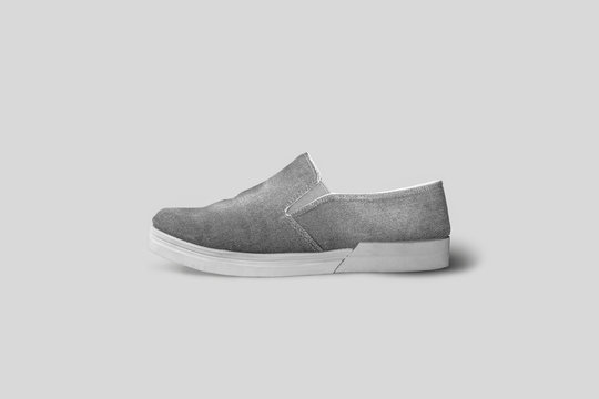 Blank white slip-on  Shoes Mock up set, isolated. Plain hipster slip-on Mock up template. Urban skate shoes with clear label presentation.High resolution photo.Side view.