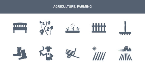 10 agriculture, farming vector icons such as farm, farm field, farm trailer, farmer, farmer boots contains farming fork, fence, fertilizer, garden, garden bench. agriculture, farming icons