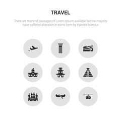 9 round vector icons such as cable car, canoe, cathedral of saint basil, chichen itza, chinese temple contains city hall, colosseum, column, departures. cable car, canoe, icon3_, gray travel icons