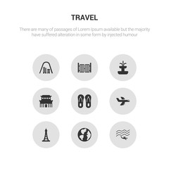 9 round vector icons such as diving, earth globe, eiffel tower, flight, flip flops contains forbidden city, fountain, gate, gateway arch. diving, earth globe, icon3_, gray travel icons