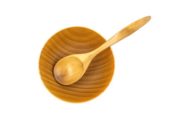 Empty wooden cups (plates) with spoons on white background