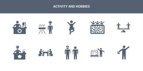 10 activity and hobbies vector icons such as acting, aquarium, arrest, baccarat, baking contains balancing, ball pit, ballerina, barbeque, bead. activity and hobbies icons
