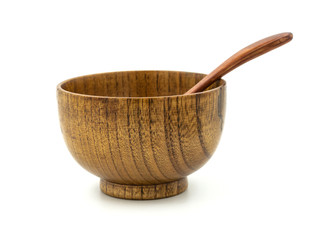 Empty wooden cups (plates) with spoons on white background