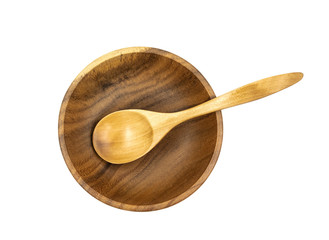 Empty wooden cups (plates) with spoons on white background
