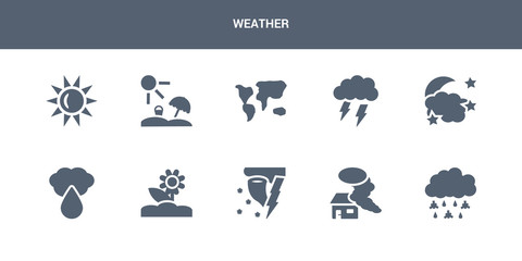 10 weather vector icons such as sleet, smog, snow storms, spring, sprinkle weather contains starry night, stormy, subtropical climate, summer, sunny. weather icons