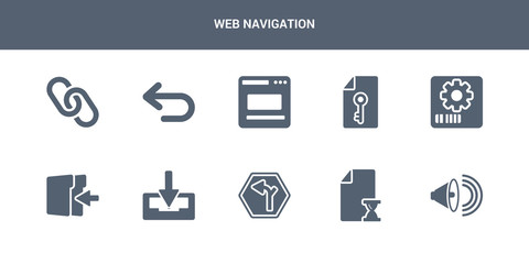10 web navigation vector icons such as high volume, history, horizontal alignment, inbox, insert contains items, key, layout, left arrow, link. web navigation icons