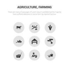 9 round vector icons such as capsicum, self-sufficient, caterpillar, cheese, chicken coop contains combine harvester, corn, cotton, cow. capsicum, self-sufficient, icon3_, gray agriculture, farming