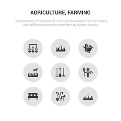 9 round vector icons such as fertilizer, garden, garden bench, gardener, gardening tools contains germination, gloves, grass, hanging pot. fertilizer, garden, icon3_, gray agriculture, farming icons
