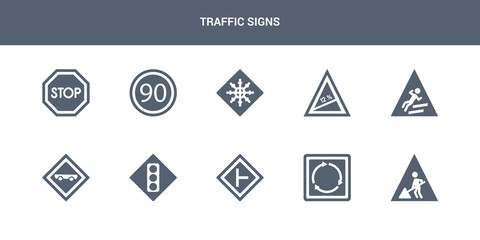 10 traffic signs vector icons such as road work, roundabout, side road,  , skateboard contains slippery, slope, snow, speed limit, stop. traffic signs icons