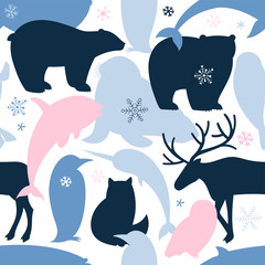 Seamless pattern with Polar Bear Walrus Penguin Narwal Seal Reindeer Whale Arctic Fox Owl silhouette. Arctic Wildlife camouflage style background. Polar animals print. Antarctic Creatures in flat