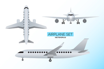 Set of airplanes front, side and from above views