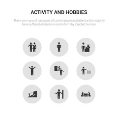 9 round vector icons such as checkers, cigarette, climbing, collecting, coloring contains comic, cooking, cosplaying, couple huging. checkers, cigarette, icon3_, gray activity and hobbies icons