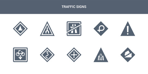 10 traffic signs vector icons such as steep descent, crossing, crossroad, curves, cycle lane contains danger, degree curve road, end motorway, end of way, falling rocks. traffic signs icons