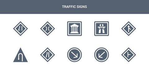 10 traffic signs vector icons such as intersection, keep left, keep right, lane, left hair pin contains merging, motorway, museum, narrow bridge, narrow lane. traffic signs icons