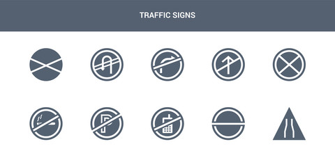 10 traffic signs vector icons such as narrow road, no entry, no mobile phone, no parking, smoking contains stopping, straight, turn right, turn, waiting. traffic signs icons