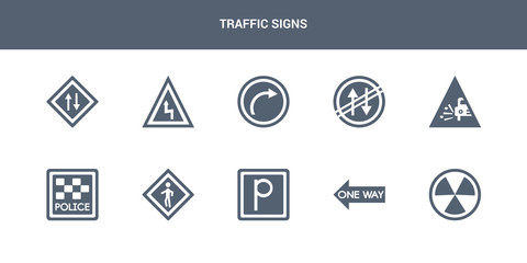 10 traffic signs vector icons such as nuclear, one way, parking, pedestrian, police station contains pothole, prohibited way, right bend, right reverse bend, road. traffic signs icons