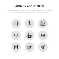 9 round vector icons such as acting, aquarium, arrest, baccarat, baking contains balancing, ball pit, ballerina, barbeque. acting, aquarium, icon3_, gray activity and hobbies icons