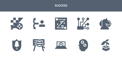 10 success vector icons such as startup, startup head, startup laptop, project search, shield contains strategic vision, strategical planning, strategy, strategy choice, strategy game. success icons