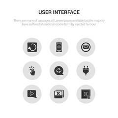 9 round vector icons such as pause, photos, play button, plugin, plus contains pointer, post, power, previous. pause, photos, icon3_, gray user interface icons