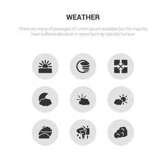 9 round vector icons such as cirrus cumulus, climate, clouds, clouds and sun, cloudy day contains cloudy night, convergence, cyclone, dawn. cirrus cumulus, climate, icon3_, gray weather icons
