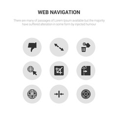 9 round vector icons such as close, compress, connections, copy, crop contains cursor, delete, diagonal arrow, dislike. close, compress, icon3_, gray web navigation icons