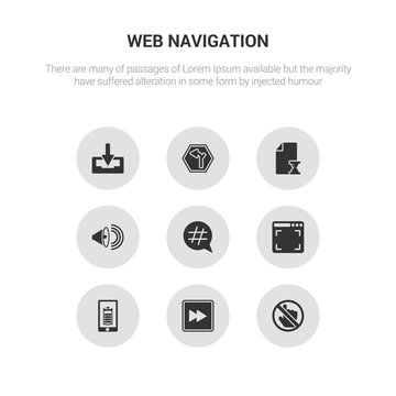 9 round vector icons such as forbbiden, forward, full battery, full screen, hashtag contains high volume, history, horizontal alignment, inbox. forbbiden, forward, icon3_, gray web navigation icons