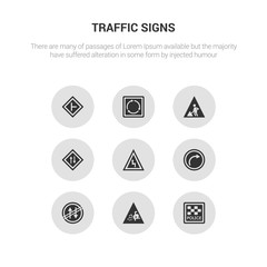 9 round vector icons such as police station, pothole, prohibited way, right bend, right reverse bend contains road, road work, roundabout, side road. police station, pothole, icon3_, gray traffic